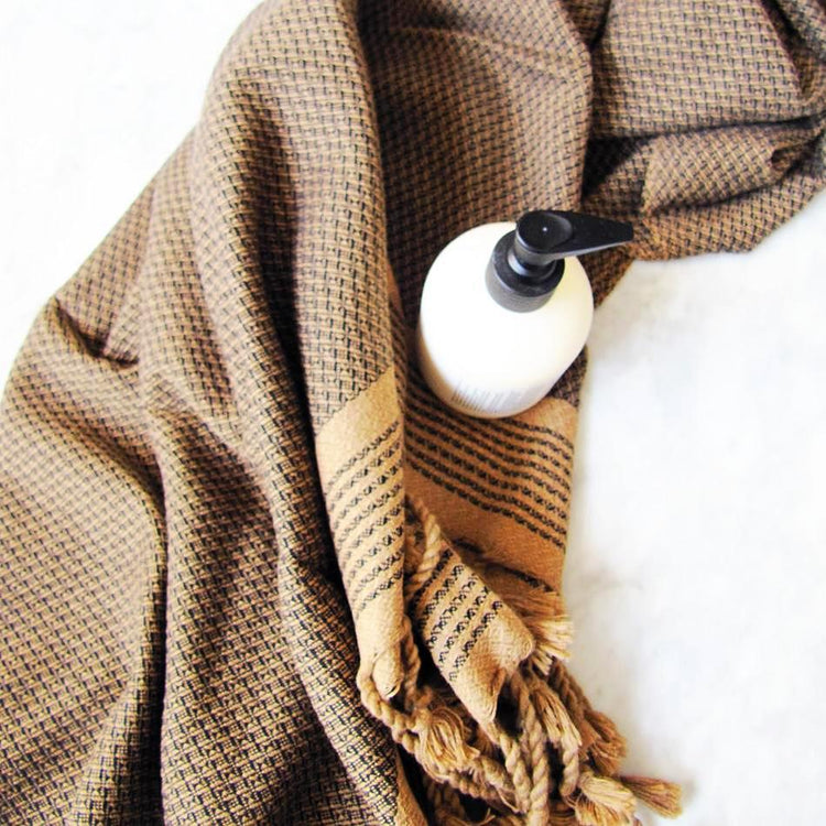 large cotton hammam towel. Black and sand honeycomb pattern